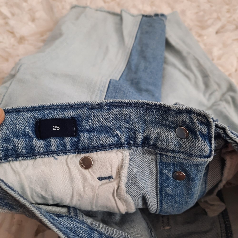 GAP Denim Mixed Denim Patchwork Jean Dkirt Fitted Button Front Sz 25 - Picture 10 of 12